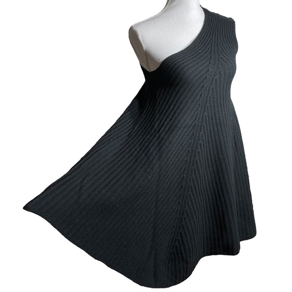 100% Merino Wool Sweater Dress M Sweaterdress One Shoulder A-Line Button RIbbed - Picture 1 of 12